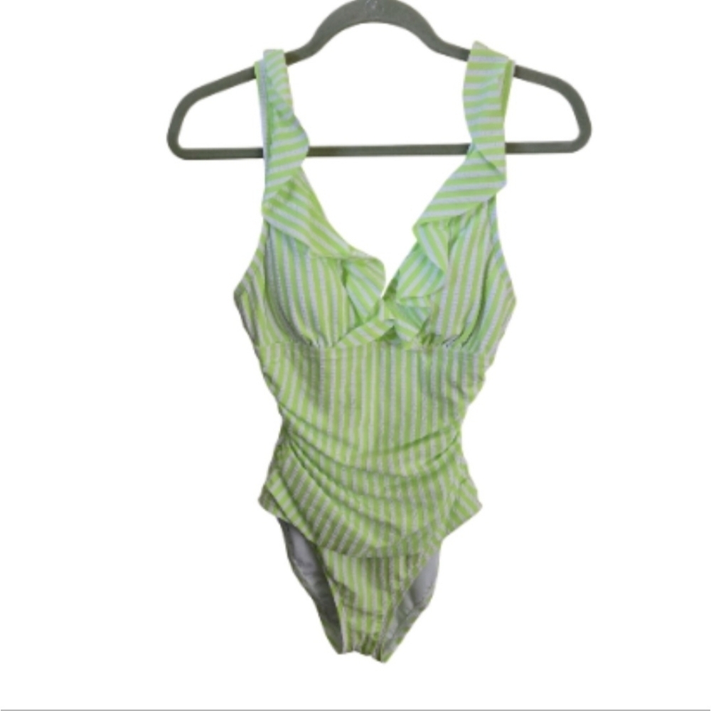 Ellen Tracy NWOT Neon Green Striped Ruched Ruffled Tie Back Swimsuit Size 6